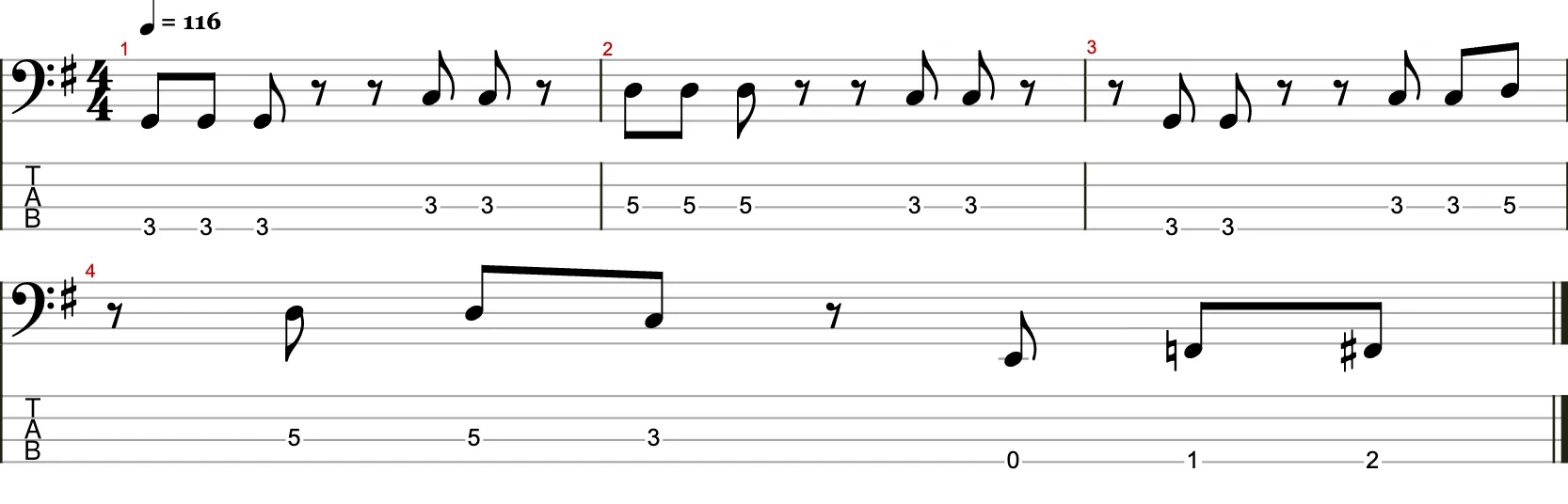 Bassriff in G mit Achtelnoten und rhythmischen Variationen