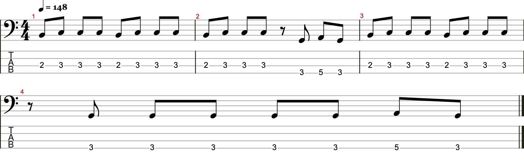 Einfache typische Rock-Basslinie mit Achtelnoten