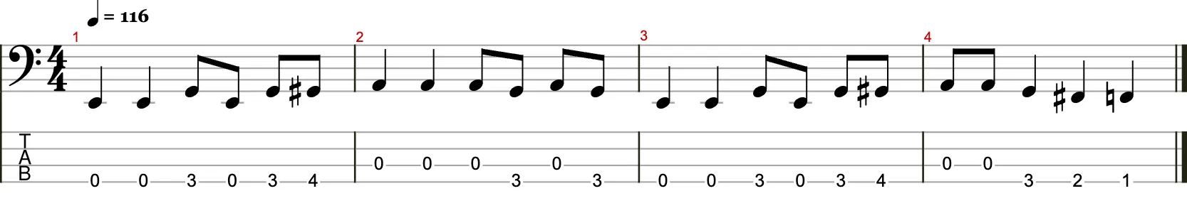 Einfache viertaktige Basslinie mit Achtelnoten